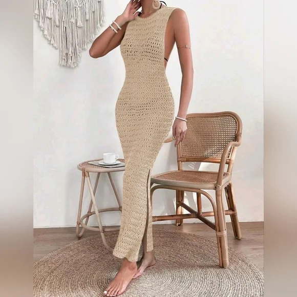 NEW Chic Crochet Knit Bodycon Maxi Swim Cover Up Dress Khaki Tan Beige